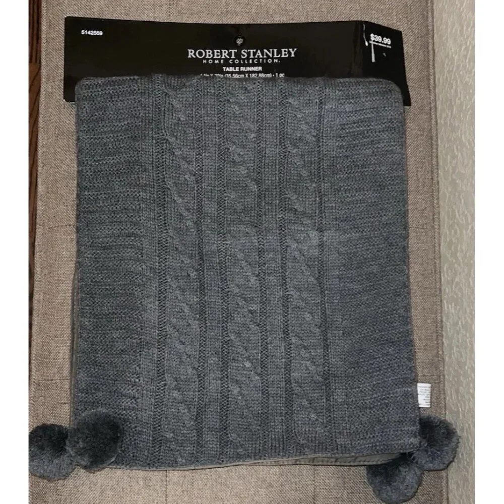 Robert Stanley Home‎ Collection Gray KNIT Table Runner with POM POMS - 14